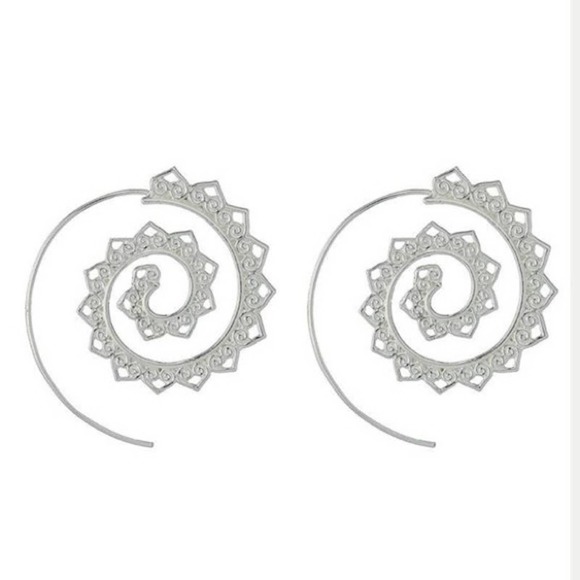 Boho Silver Heart Swirl Round Earrings - Picture 1 of 7